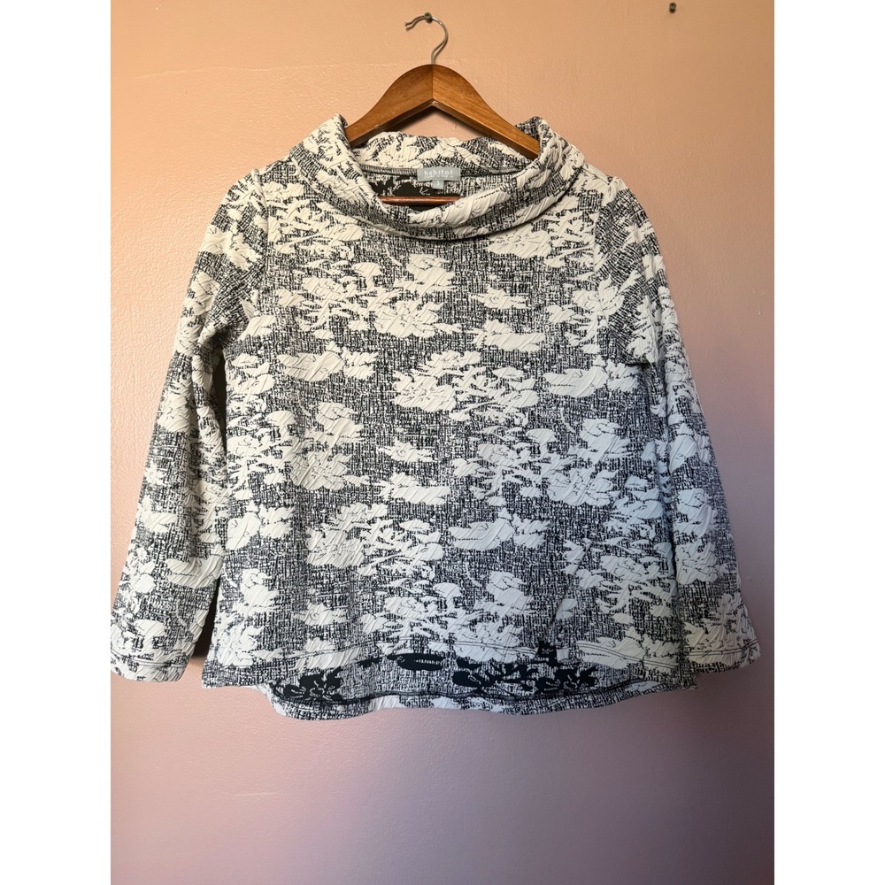 Habitat Small Black White Floral Jacquard Cowl Neck Top Textured Sleeve Blouse